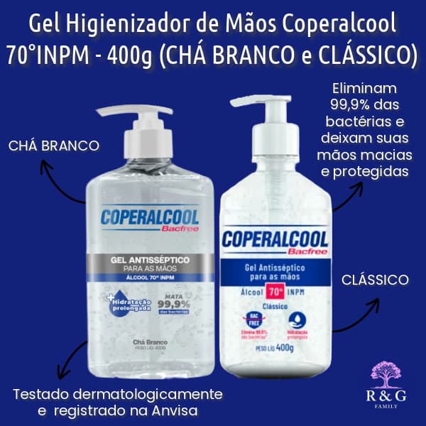 ALCOOL ETÍLICO GEL HIGIENIZADOR DE MÃO 70% INPM (CHÁ BRANCO  e CLÁSSICO) COPERALCOOL (1, 2, 3 UNID)