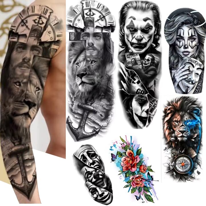 Tatuagem Temporaria Crucifixo Coringa Arlequina Boca Mascaras Leão Flor Cartas Baralho Prova D agua Falsa Fake Adesiva
