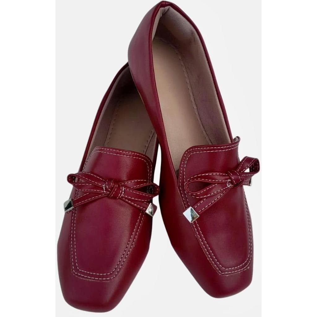 SAPATILHA FEMININA QUADRADA MOCASSIM FEMININO VERMELHO MARSALA COM DETALHE DE LACINHO