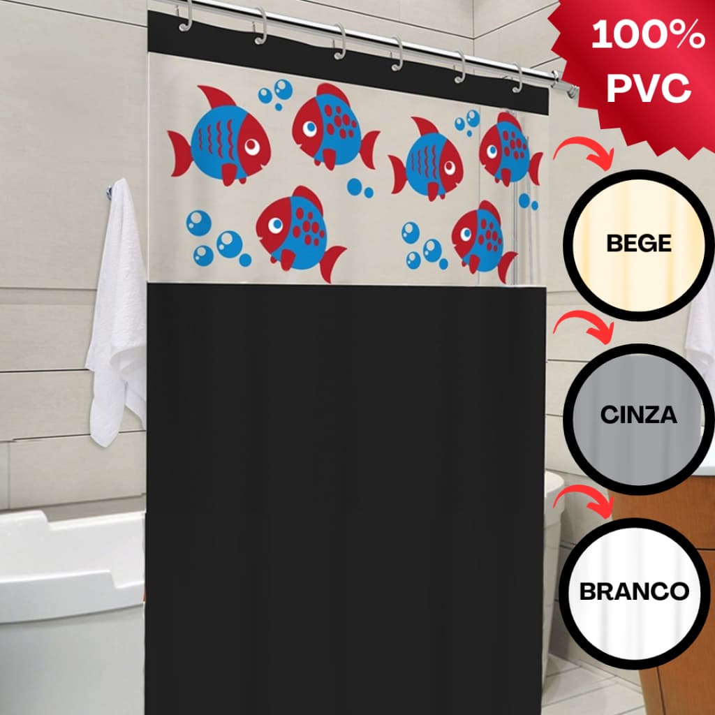 Cortina de Box para Banheiro com Visor – Estampa Aquário com Peixes | PVC Resistente, Antimofo, com Ganchos Inclusos