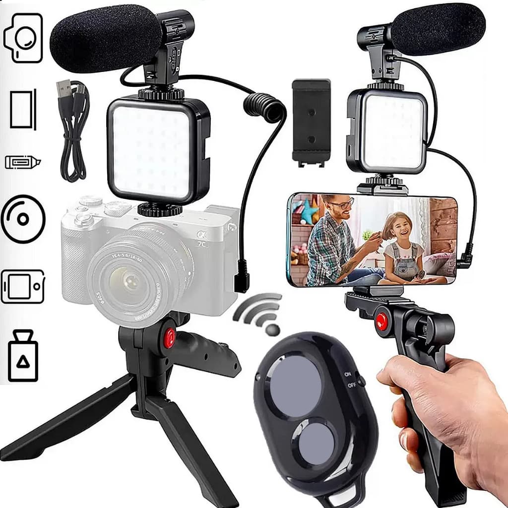 Tripé Estabilizador de Mão kit 5 em 1 gimbal Microfone Celular Gravação De Vídeo transmissão ao vivo