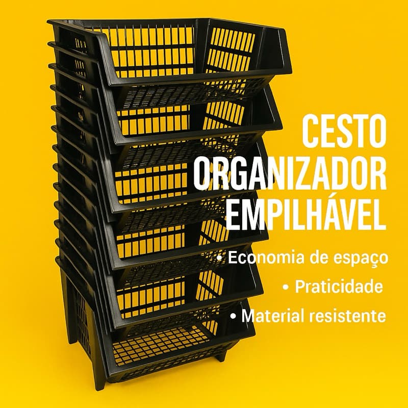 Kit Cesto Cestao Empilhavel 2/4/6 Preto Expositor Reforçado Organizador Estoque Dispensa Loja 20x44c