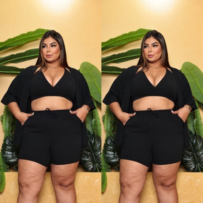 Kimono Tri-junto Feminino Plussize 3 Peças, Kimono, Short, Cropped Disponível G1(48/50) G2(50/52) e G3 (52/54).