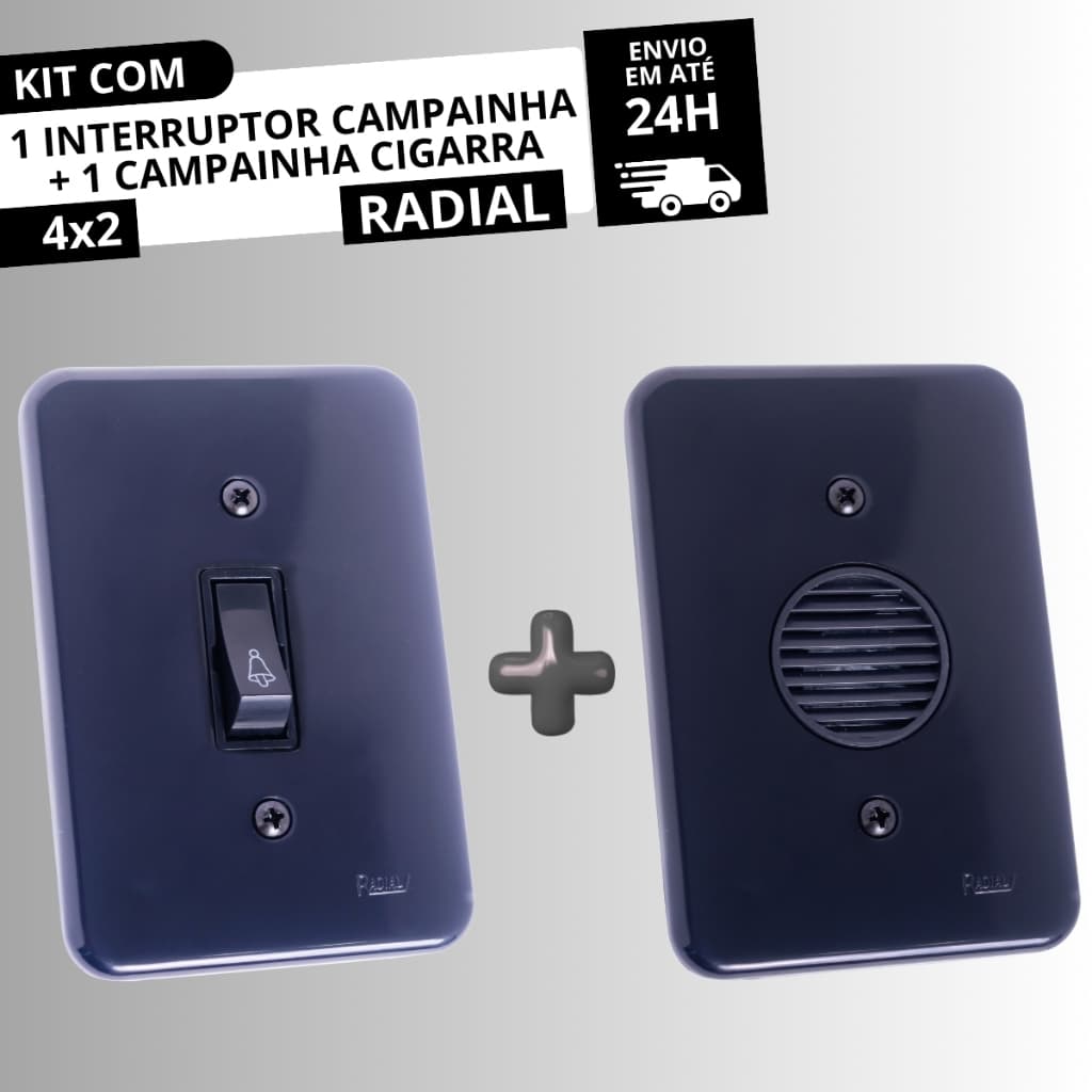 Conjunto 4x2 1 Interruptor Campainha + Campainha Cigarra Linha Pollar Black RADIAL