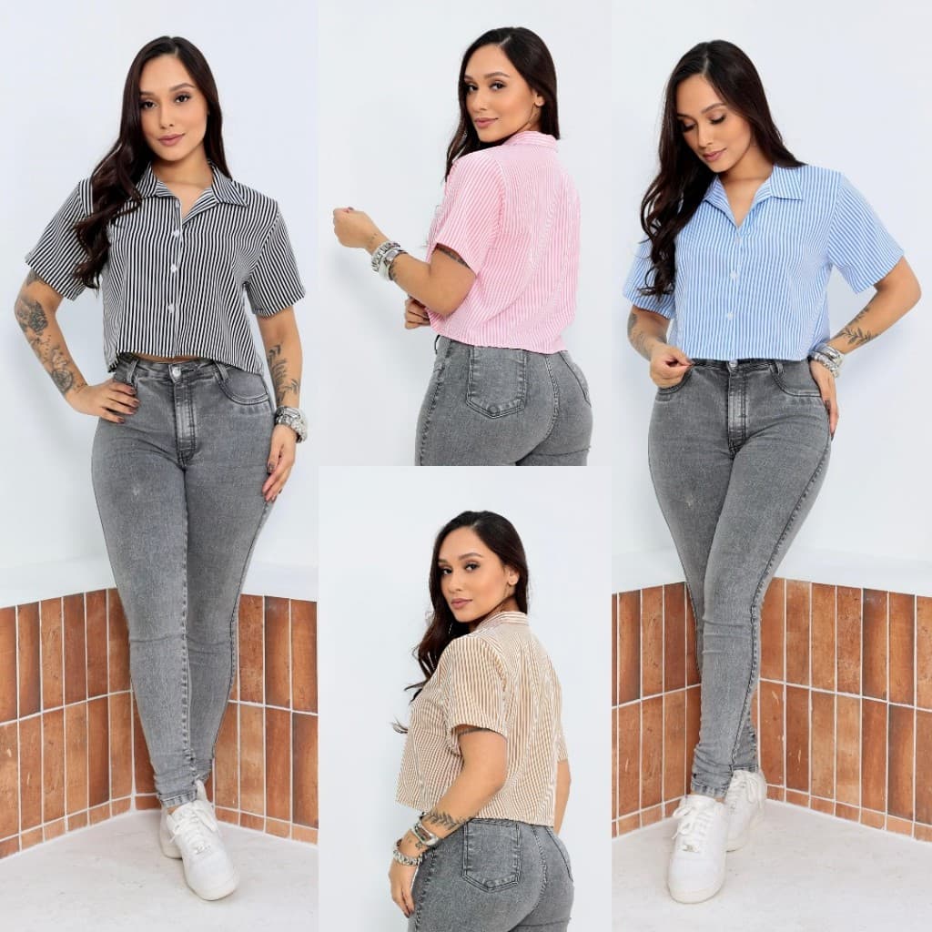 BLUSA CAMISA FEMININA MANGA CURTA LISTRDA COM BOTÕES 14