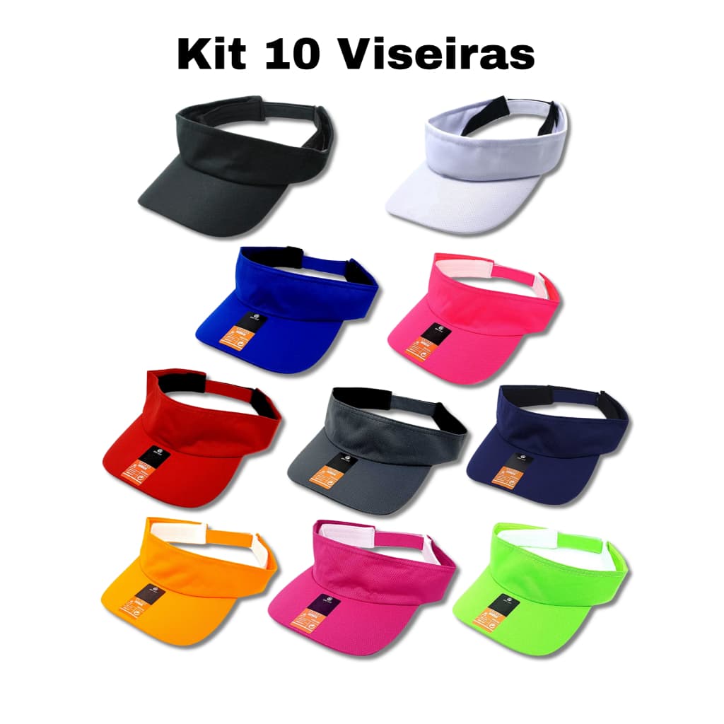 Kit 10 Viseiras Lisa Dry Fit com Proteção UV Corrida Praia Caminhada Ajustável Boné Esporte Masculina e Feminino