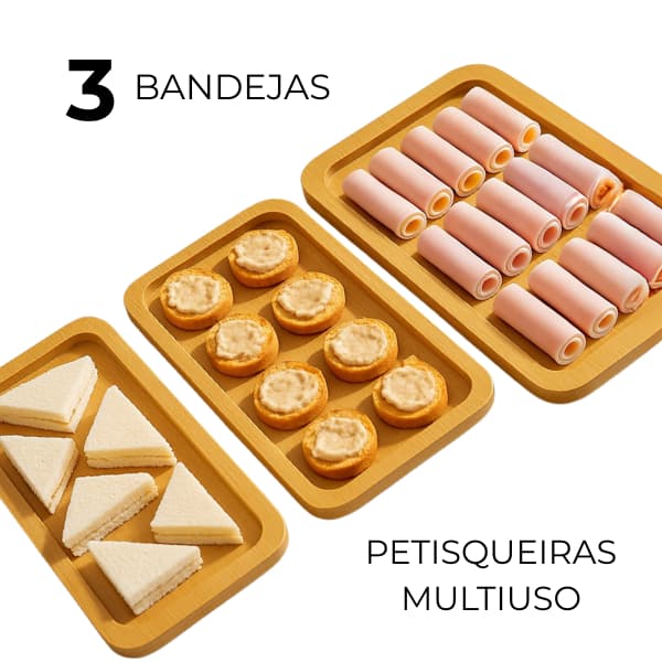Kit 3 Bandeja Petisqueira p/ Servir Petiscos 30x34cm Retangular Tábua De Frios Madeira