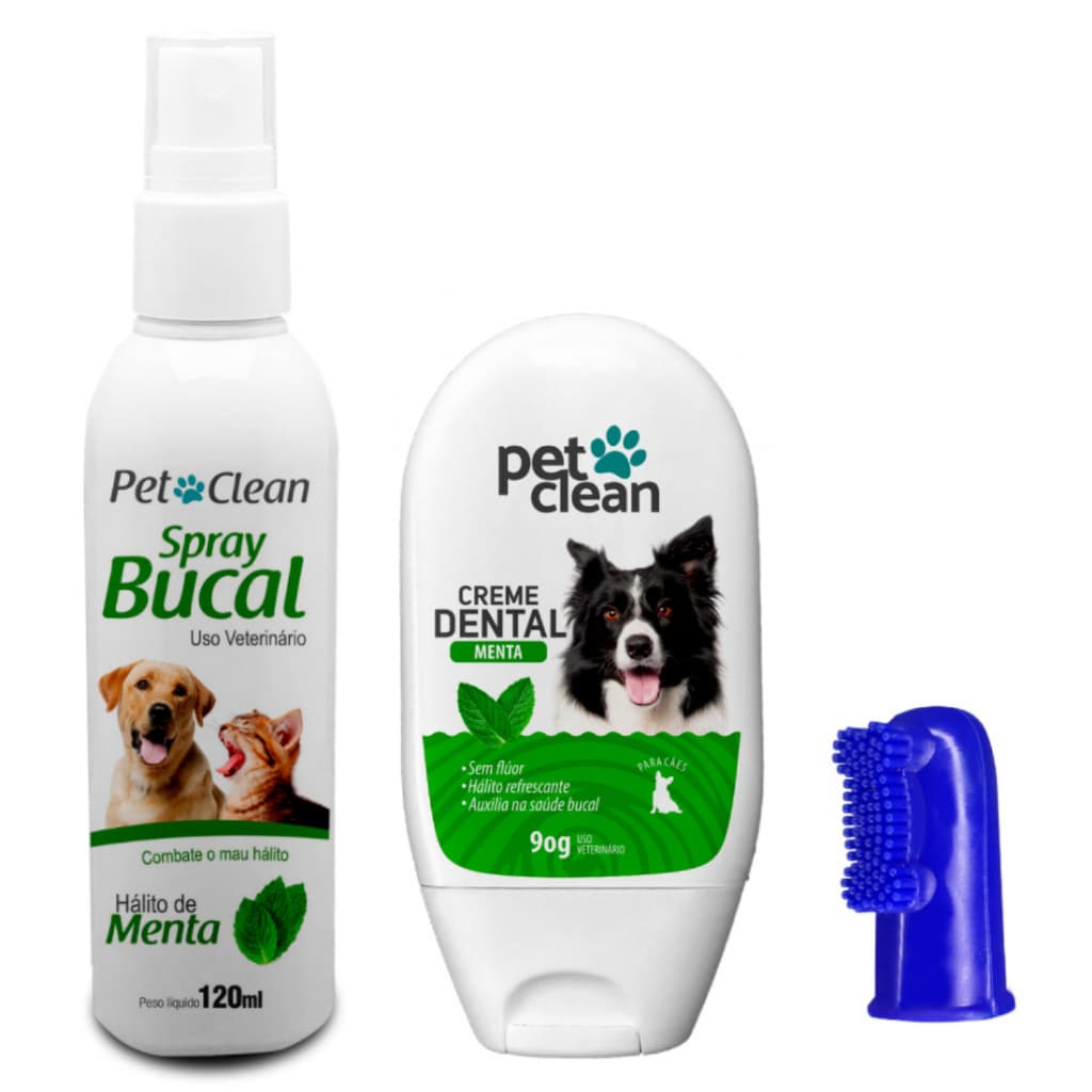 Kit Creme Dental Pet + Spray Bucal + Escova Dente Dedeira Cachorro Cães e Gatos Pet Clean
