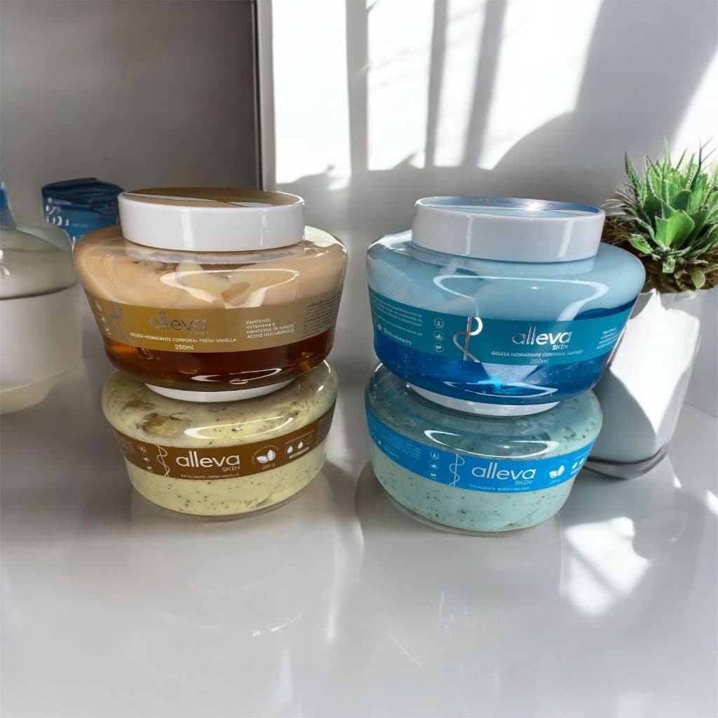 Kit Alleva Skin – Esfoliante + Geleia Hidratante Corporal 250g (Escolha a fragrância)