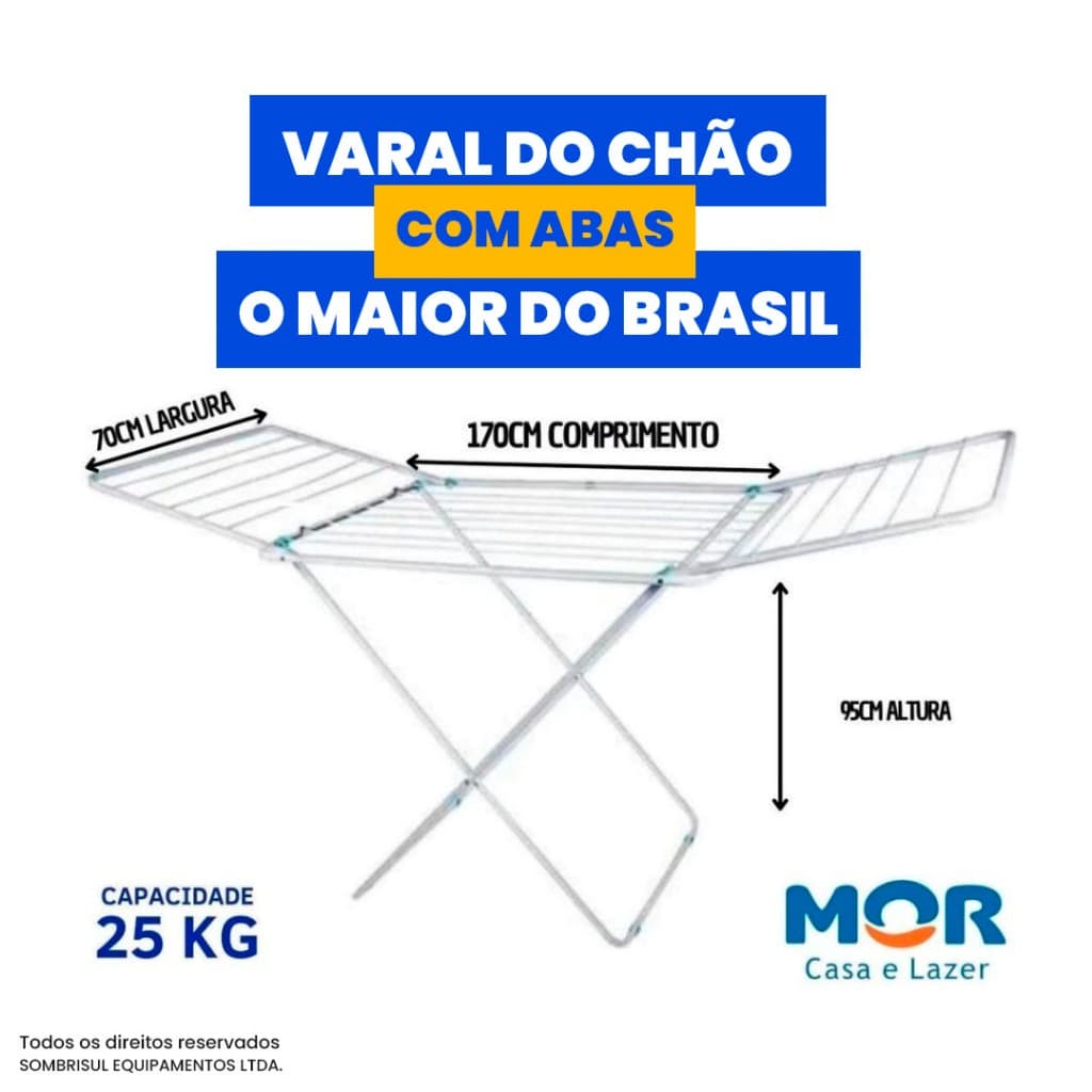 Varal Roupa Chão Com Abas Maxi Grande 25kg Dobrável Retrátil Branco