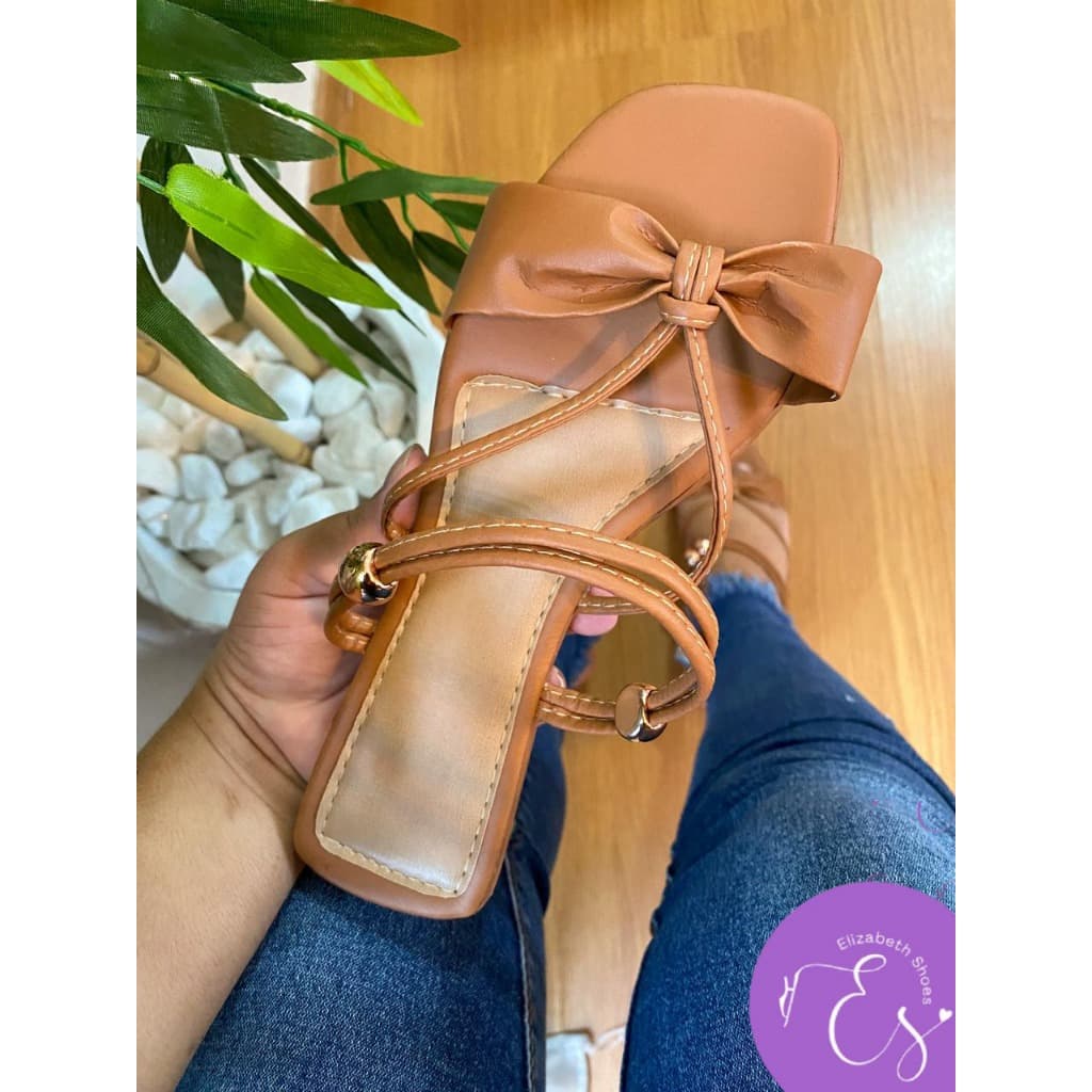 Sandália Rasteirinha Feminina Confortável Delicada Laços CARAMELO