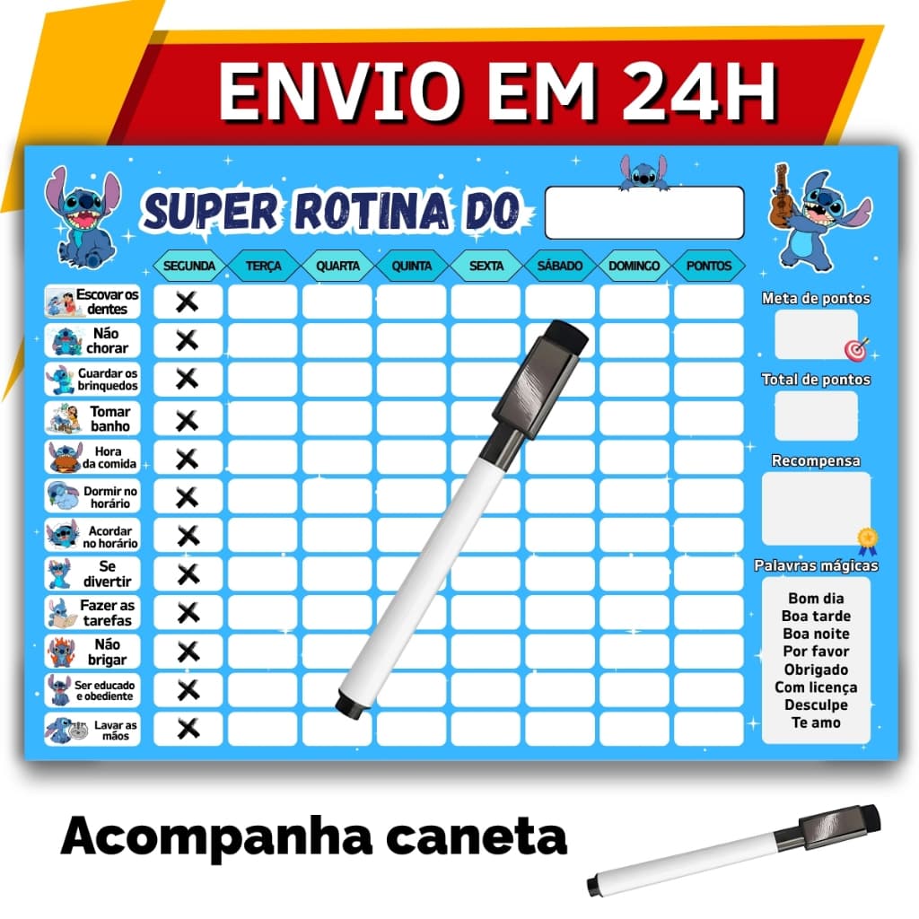 Quadro de Rotina Semanal Infantil Incentivo para Crianças Stitch