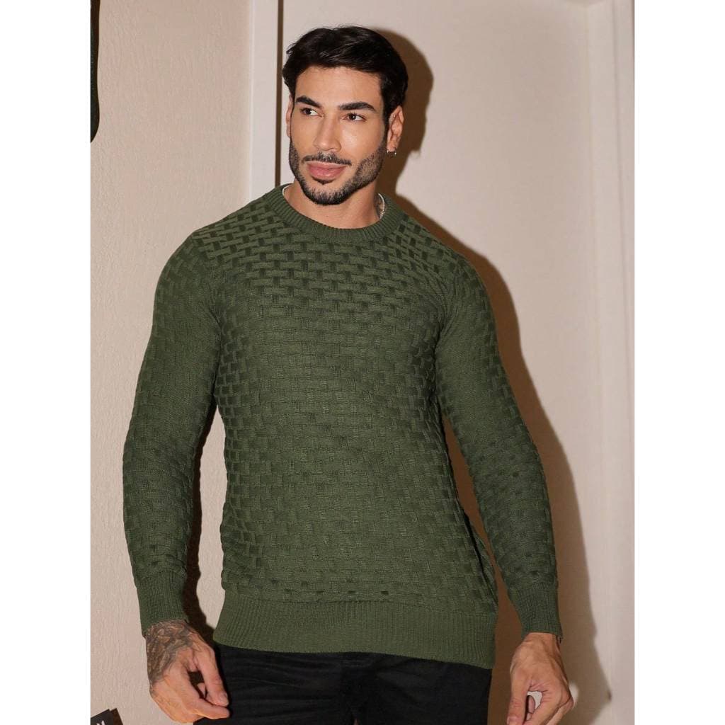 Sueter tricot blusa de frio masculina manga longa cor unica outono inverno chique elegante