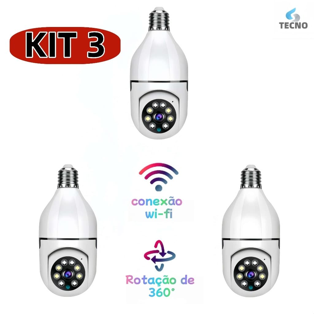 KIT1-4 Câmera wifi ip sem fio giratória 360 com encaixe lampada bocal rosca ptz full HD visão noturna segurança