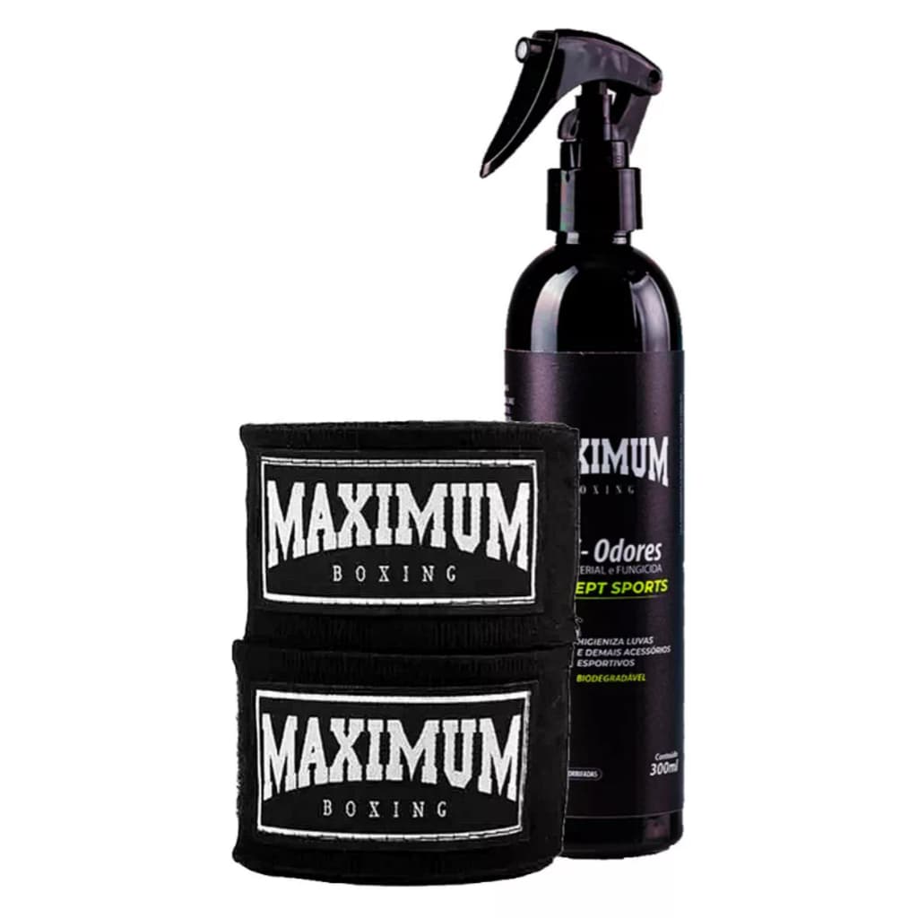 Spray Anti-Odor Higienizador + Bandagem Black de Muay Thai e Boxe de 3 Metros ou 5 Metros - Maximum