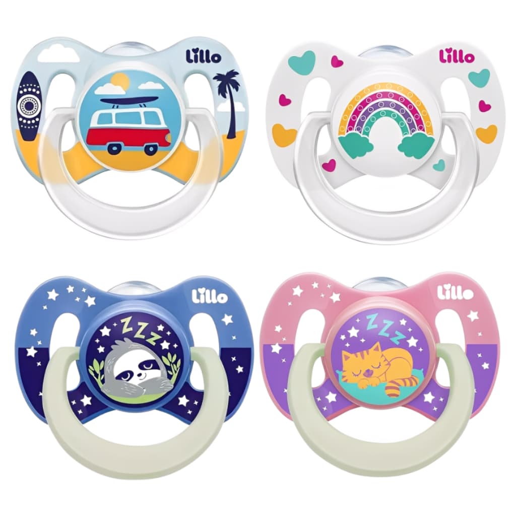 Kit 2 Chupetas Dia e Noite Brilha no Escuro Lillo Bico Ortodôntico Silicone Funny +6 Meses