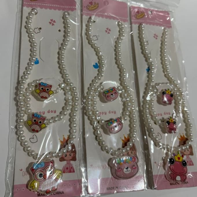 Kit 2 Colares 2 Pulseiras 2 anel Infantil de Miçangas Pérola Bijuterias