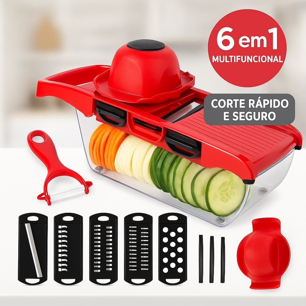 Mandoline Ralador Fatiador 6 em 1 Legumes Queijo Frutas Multiuso com Lâminas e Coletor