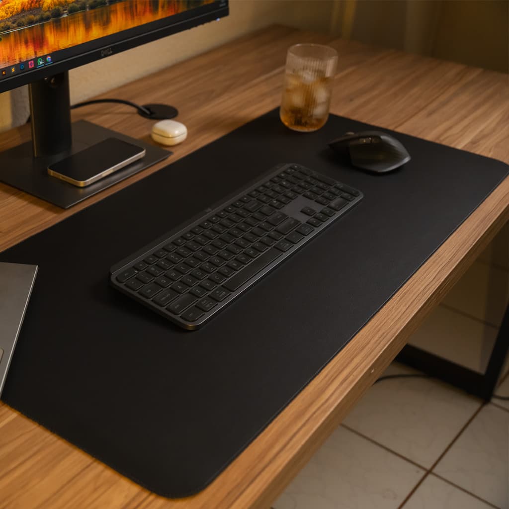 Deskpad Couro Preto 70x30cm Antiderrapante Costura Premium Alta Qualidade Mouse Pad Ergonômico Para Mesa