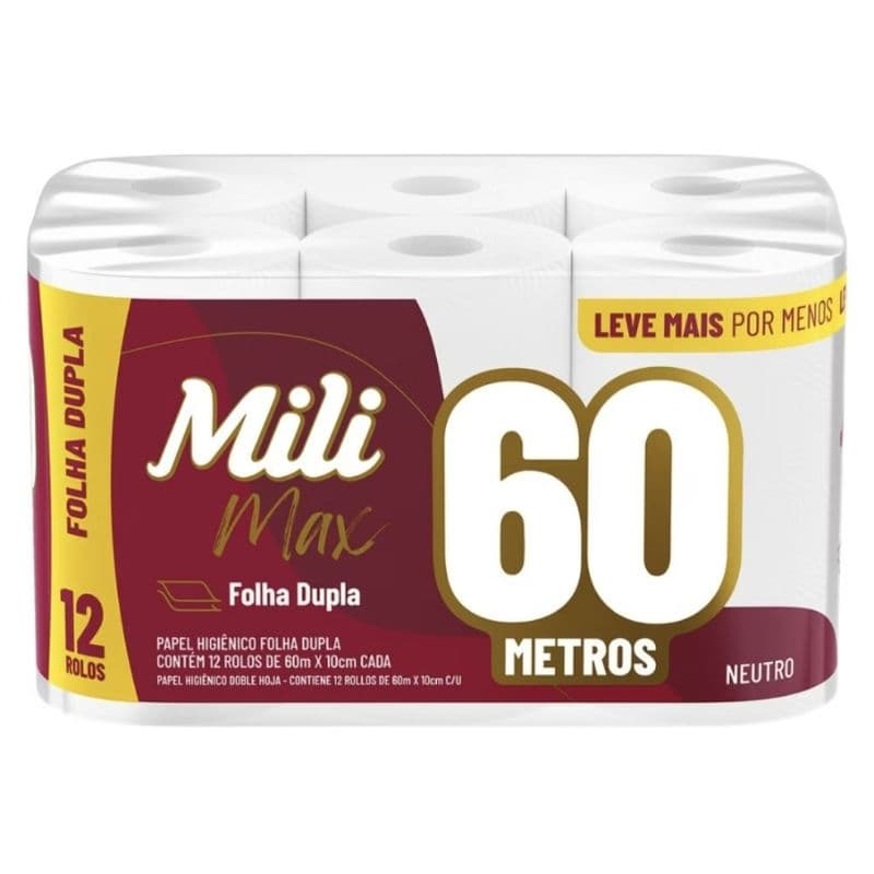 Papel Higiênico Mili Max 60m Folha Dupla 12 Rolos Neutro.