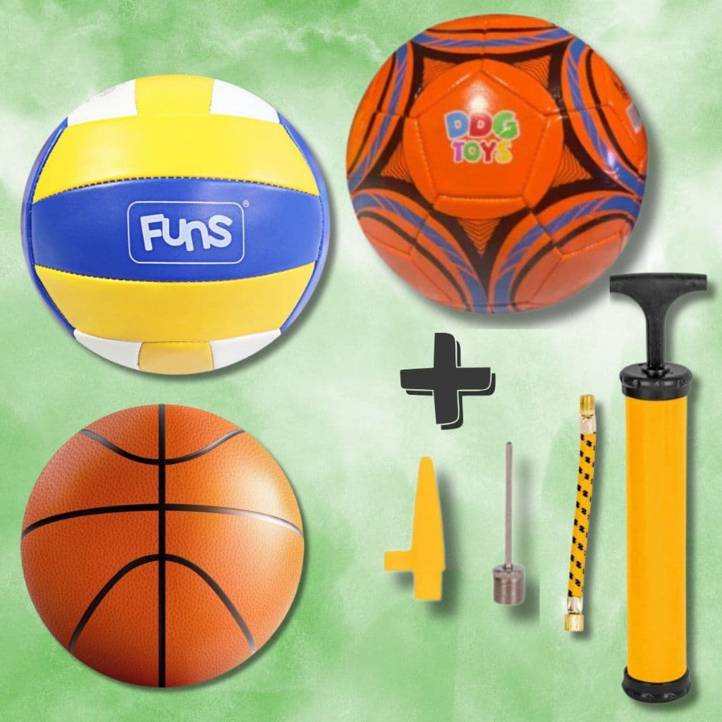 Kit Bolas Esportivas Tamanho Oficial – Futebol, Basquete ou Vôlei + Bomba de Ar Manual