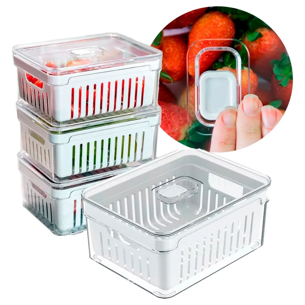 Kit 4 Organizadores Geladeira Tampa Acrílico Com Cesto de Drenagem 2,2 Litros