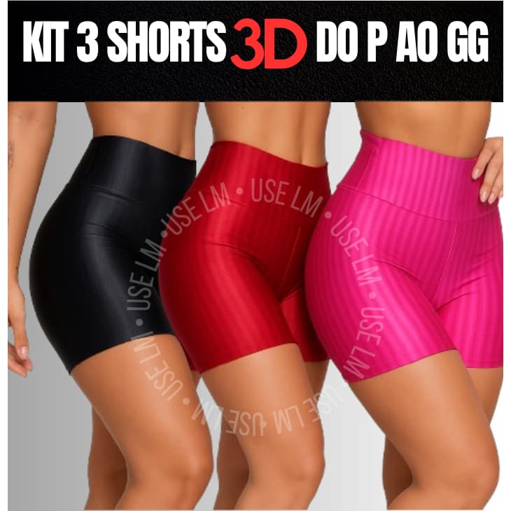 Kit 3 Shorts Femininos Cirrê 3D | Cintura Alta Confortável | Academia e Treino | P ao GG