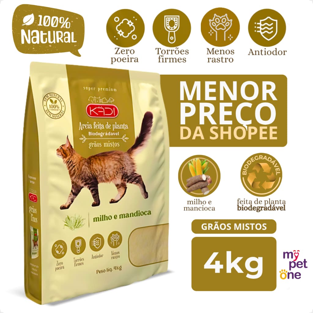 Areia Biodegradável Kadi Grãos Mistos para Gatos - 4Kg