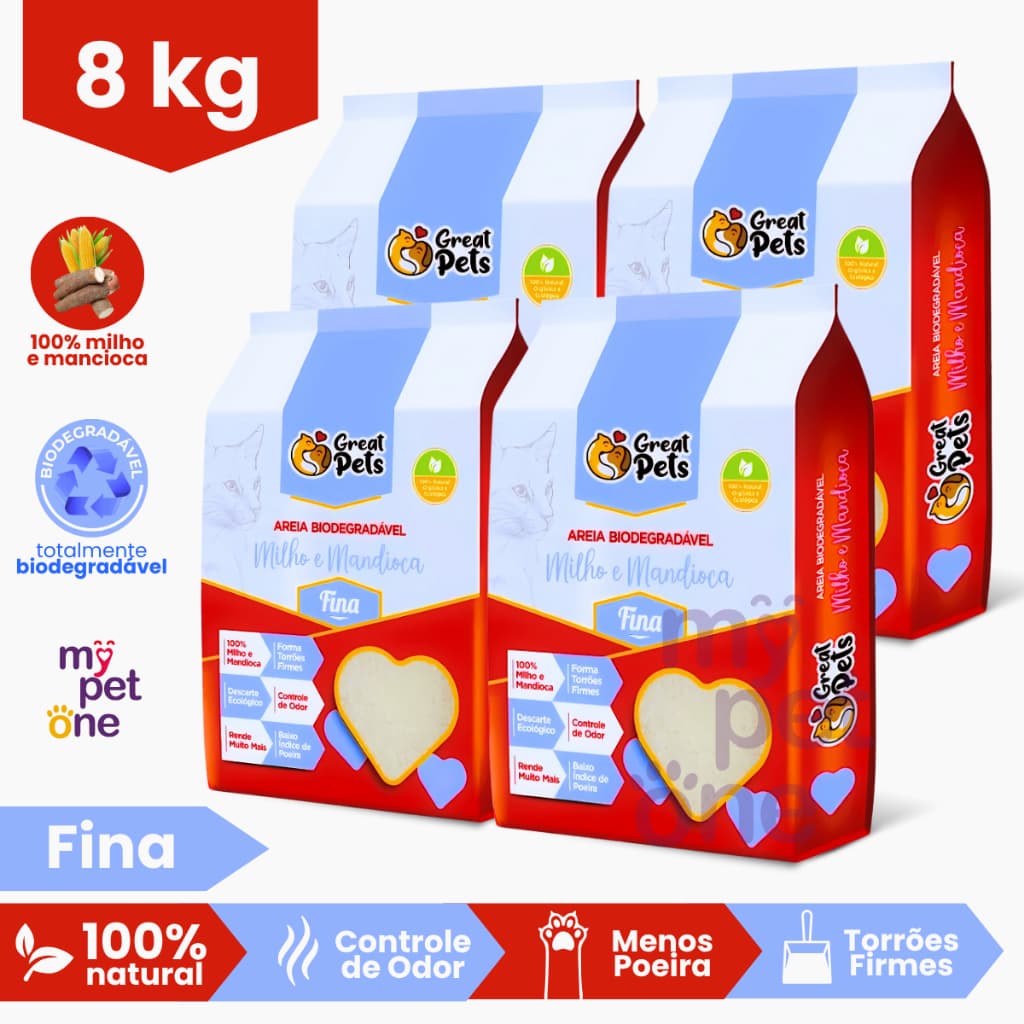 Kit 4 Areia Biodegradável Fina 2 Kg para Gatos - Great Pets