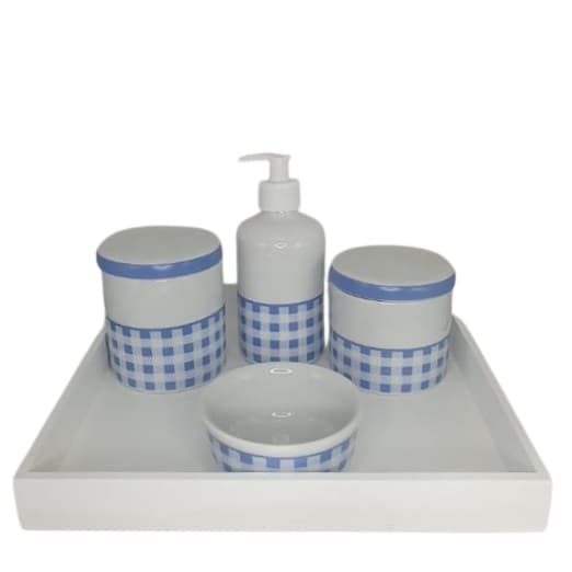 Kit Bebe Porcelana Higiene  Maternidade Xadrez Azul  Delicado