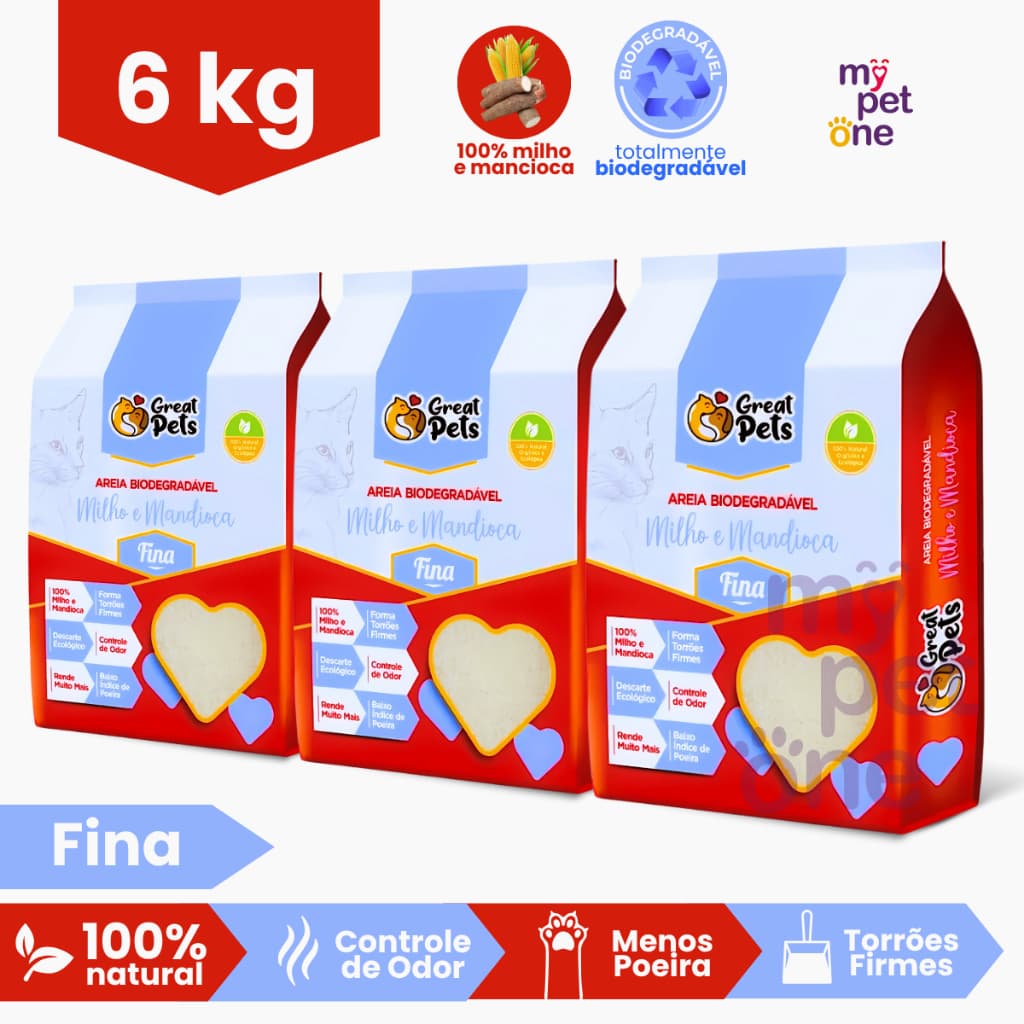 Kit 3 Areia Biodegradável Fina 2 Kg para Gatos - Great Pets