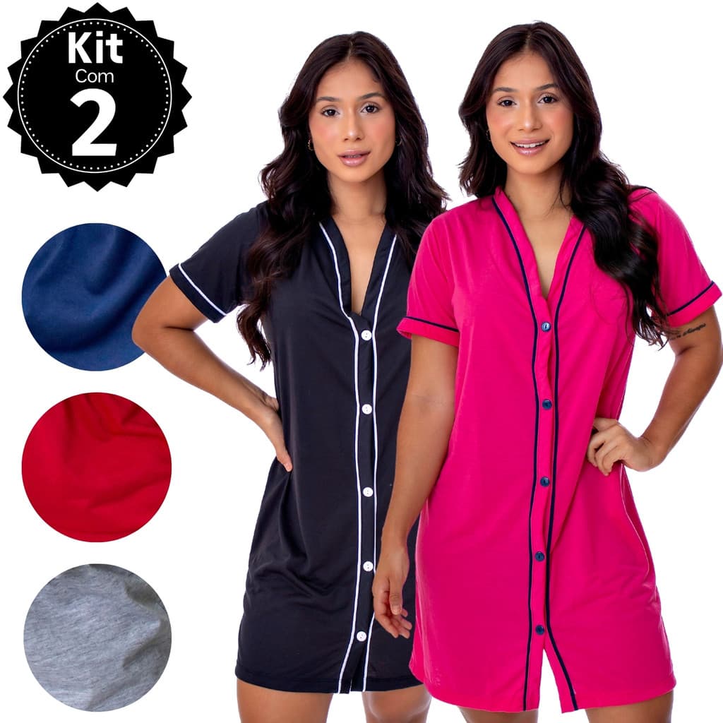 Kit com 2 Camisolas Amamentação Meia Manga Luxo com Botões Pós Cirúrgica