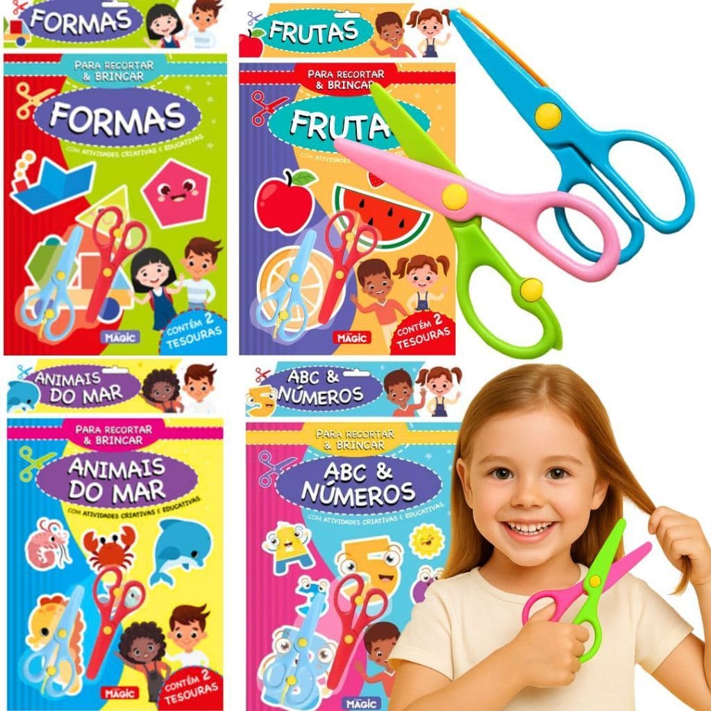 Kit 4 Livro de Atividades Para Crianças Pintar Recortar Colorir+ Tesoura Infantil Segura