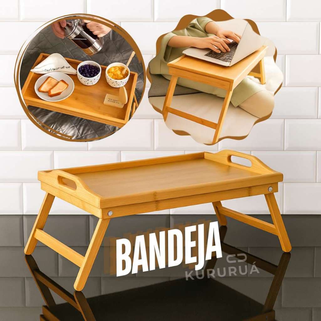Bandeja de Bambu Café Da Manha Na Cama Em Bambu Pés Dobraveis 50x30cm Marca Kururuá