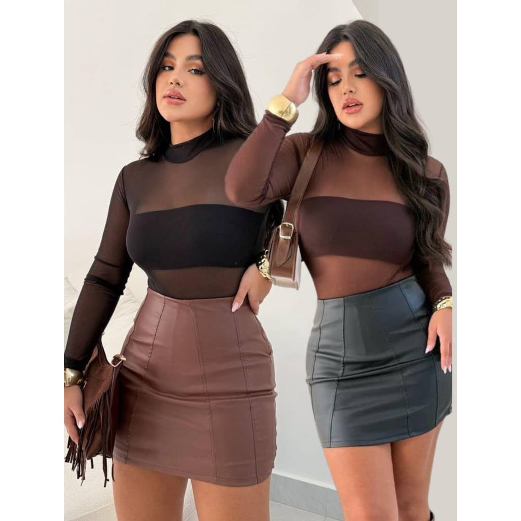 Kit com 2 Body de Tule  Bori Manga Longa Preto Influencer Moda Feminino Inverno Preto