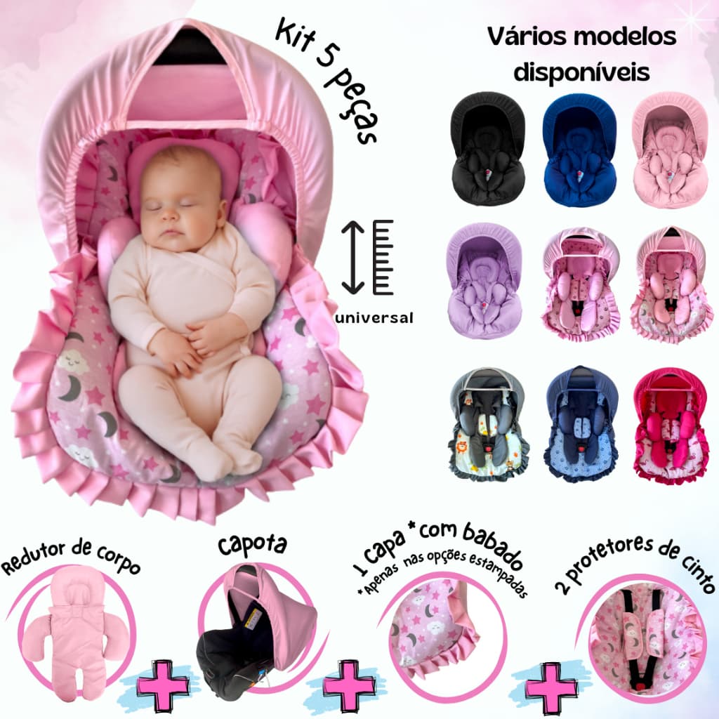 Kit 5 peças para bebê conforto Capa Protetor de Cinto Capota Redutor Tamanho Universal até 13 kg