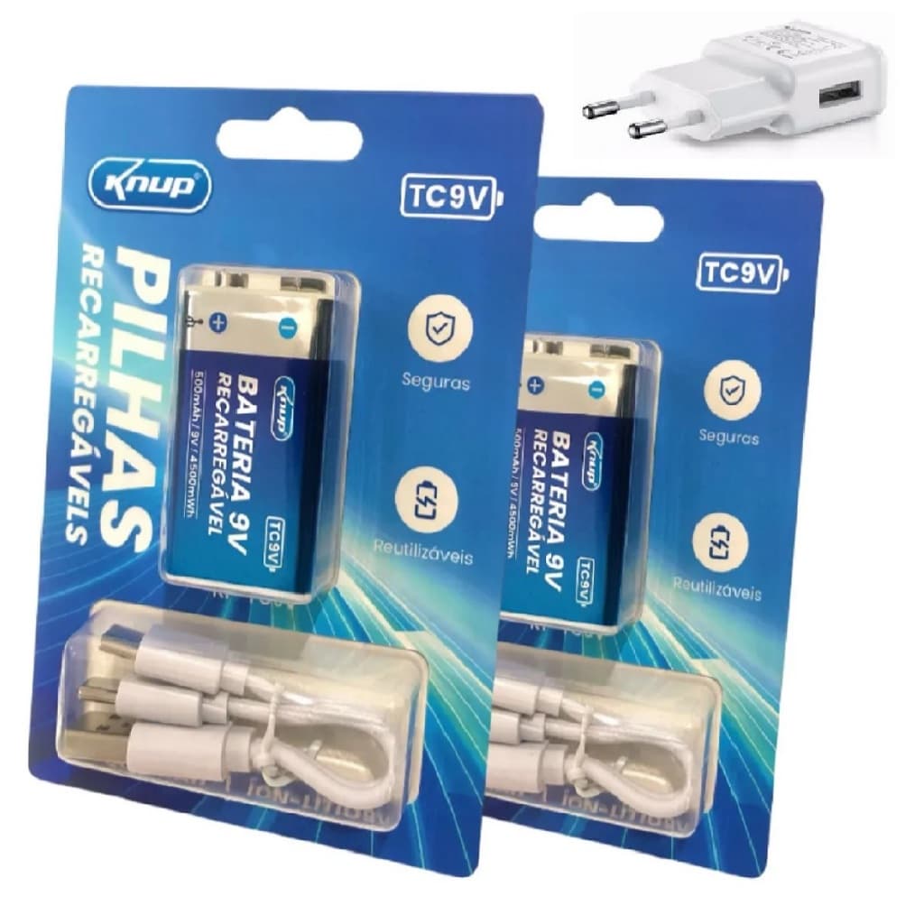 Baterias 9v USB 500mAh Kit com 1 ou 2 unds de Litio Knup Recarregáveis Cabo USB-C ou Fonte 5v