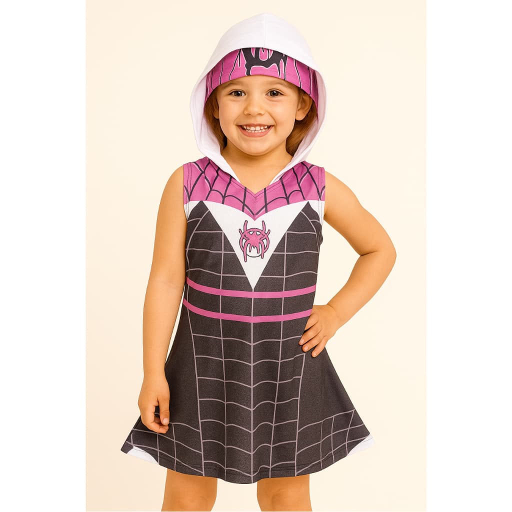 Fantasia Infantil menina com Capuz e Máscara | Vestido Temático Festa Escola Mulher Aranha Gwen