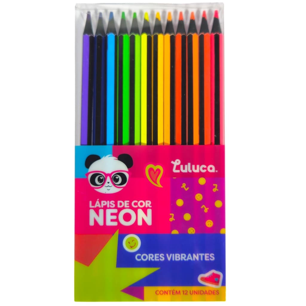Lápis de Cor Neon Luluca 12 Unidades Cores Vibrantes e Intensos Kit Escolar Infantil Original