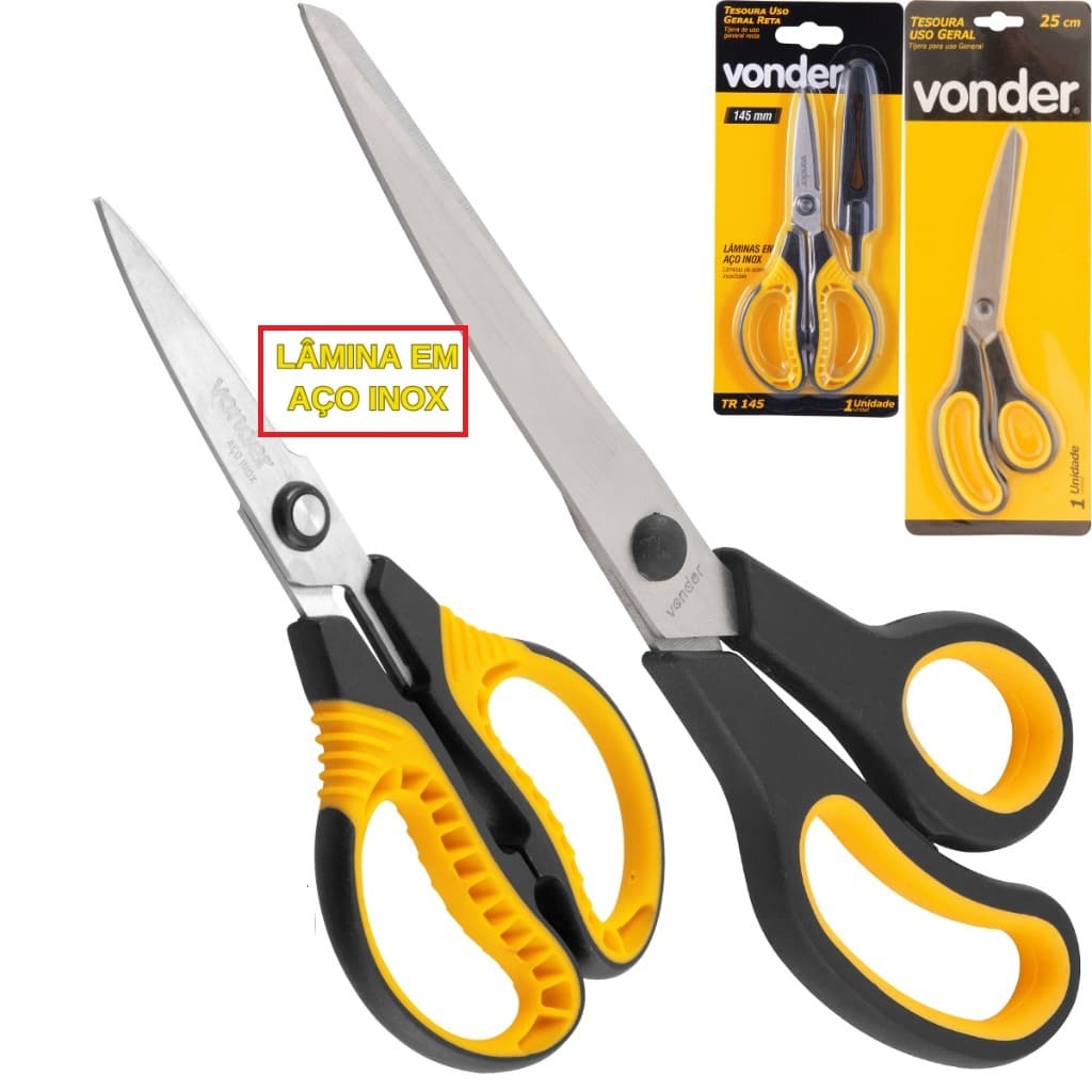 Kit 2 Tesouras Multiuso Aço Inox 250mm e 145mm Uso Geral Alta Qualidade Vonder