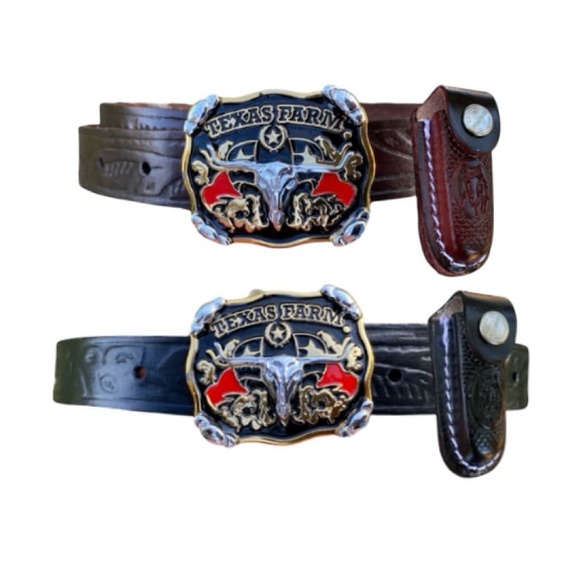 kit Cinto Country Infantil Couro Legítimo + Fivela Removível + Bainha de Canivete UNISSEX