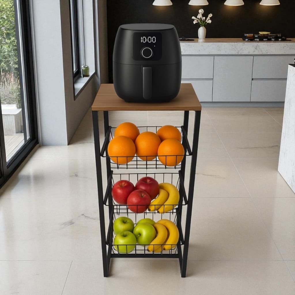 Fruteira de chão 3 cestos deslizante preto amadeirado resistente