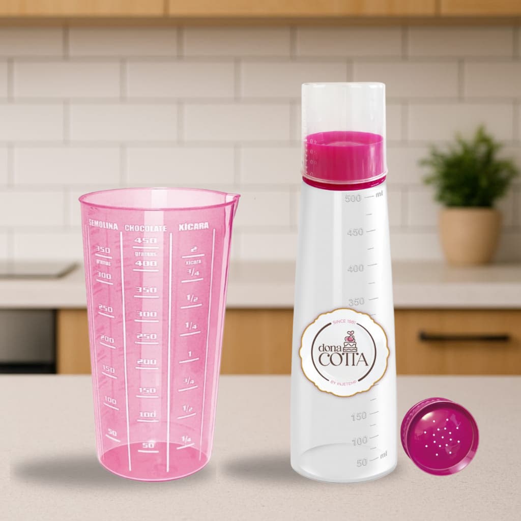 Kit Regador Bisnaga Umedecedor de Bolo e/ou Copo Medidor 570ml xicara ou colher Rosa
