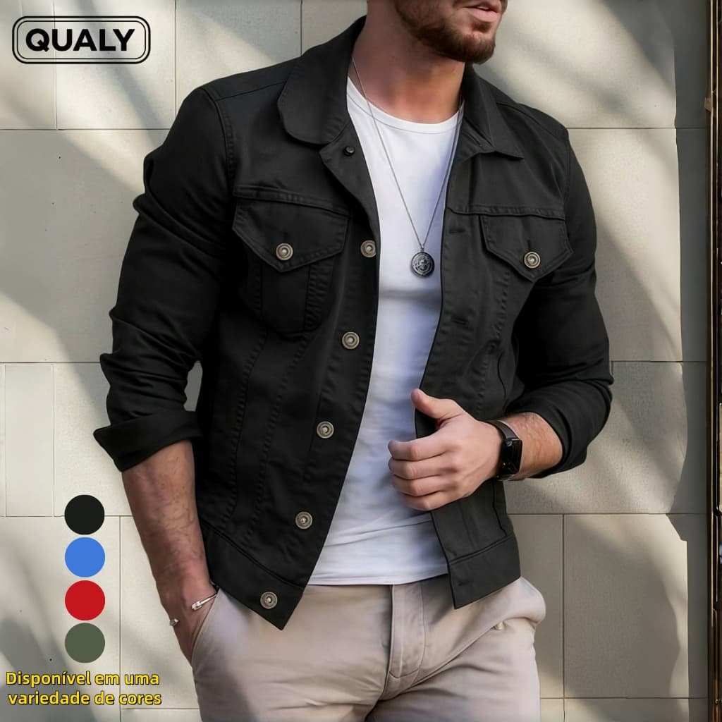 Jaqueta Jeans Masculina Slim Casaco 100% Algodão Sarja Casual Modelo Fit Versátil Premium De Trabalho - QUALY
