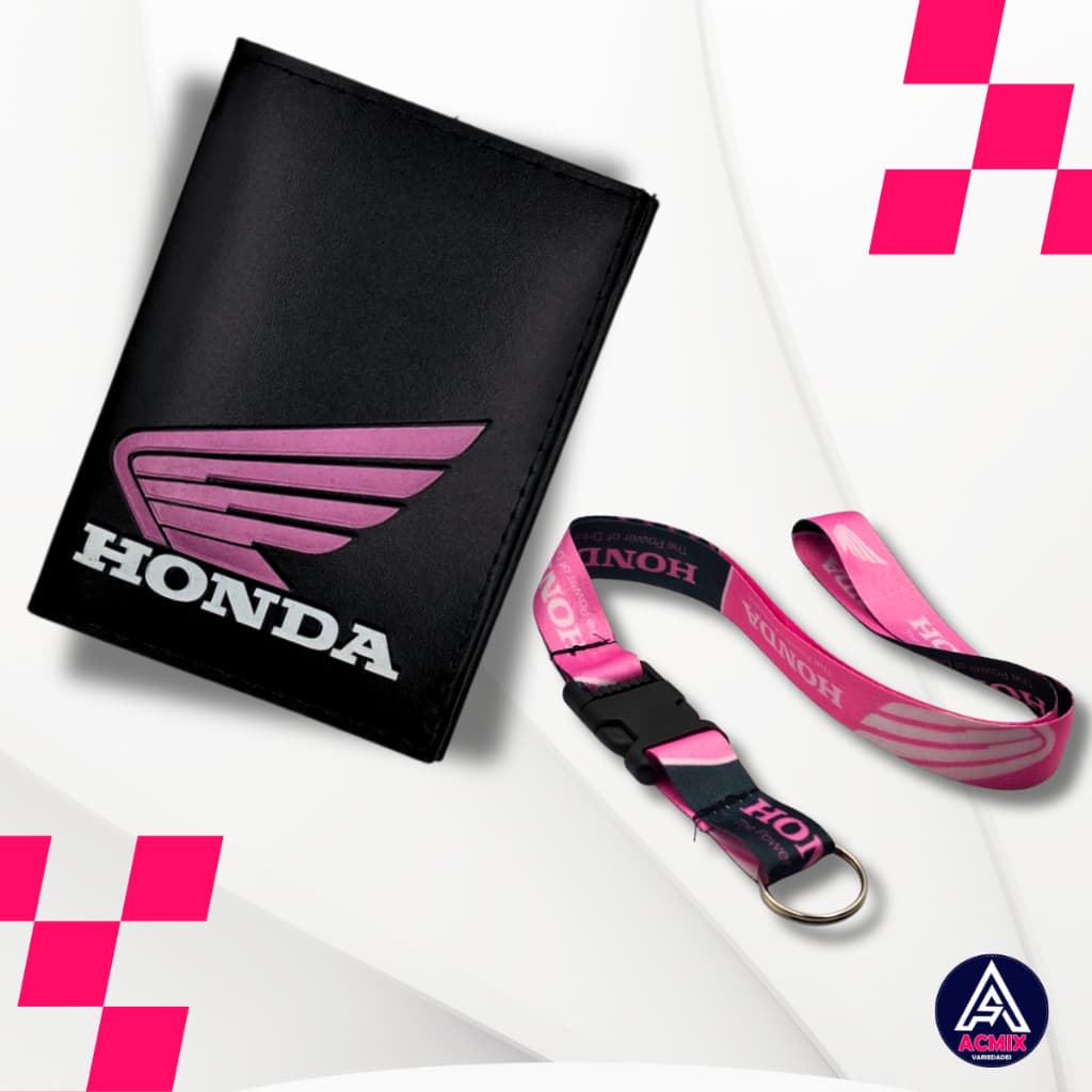 Kit Carteira Porta Documentos Moto Honda Logo Rosa + Cordão Pescoço Engate Rápido Honda Rosa
