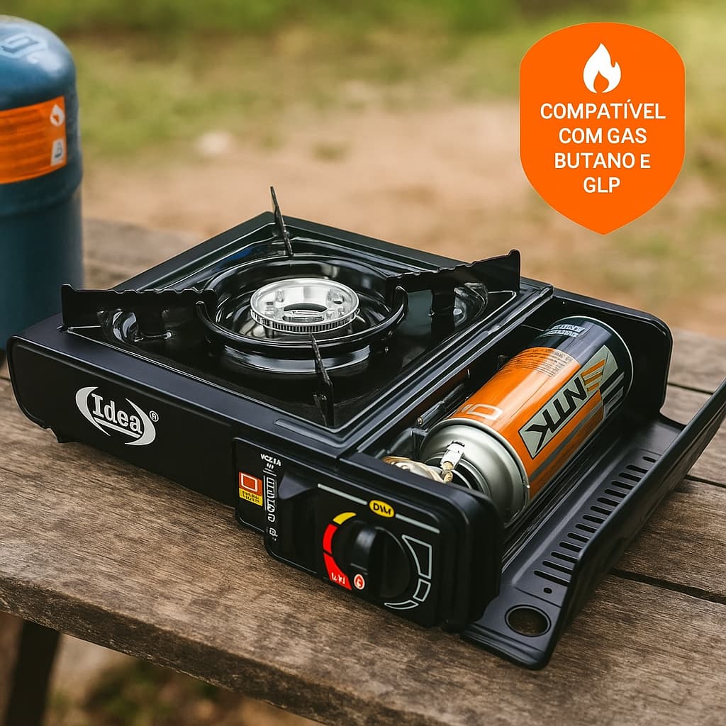 Fogareiro Camping Com Maleta Acendimento Automático Fogão Á Gás Portátil Funciona Botijão ou Refil Multiuso