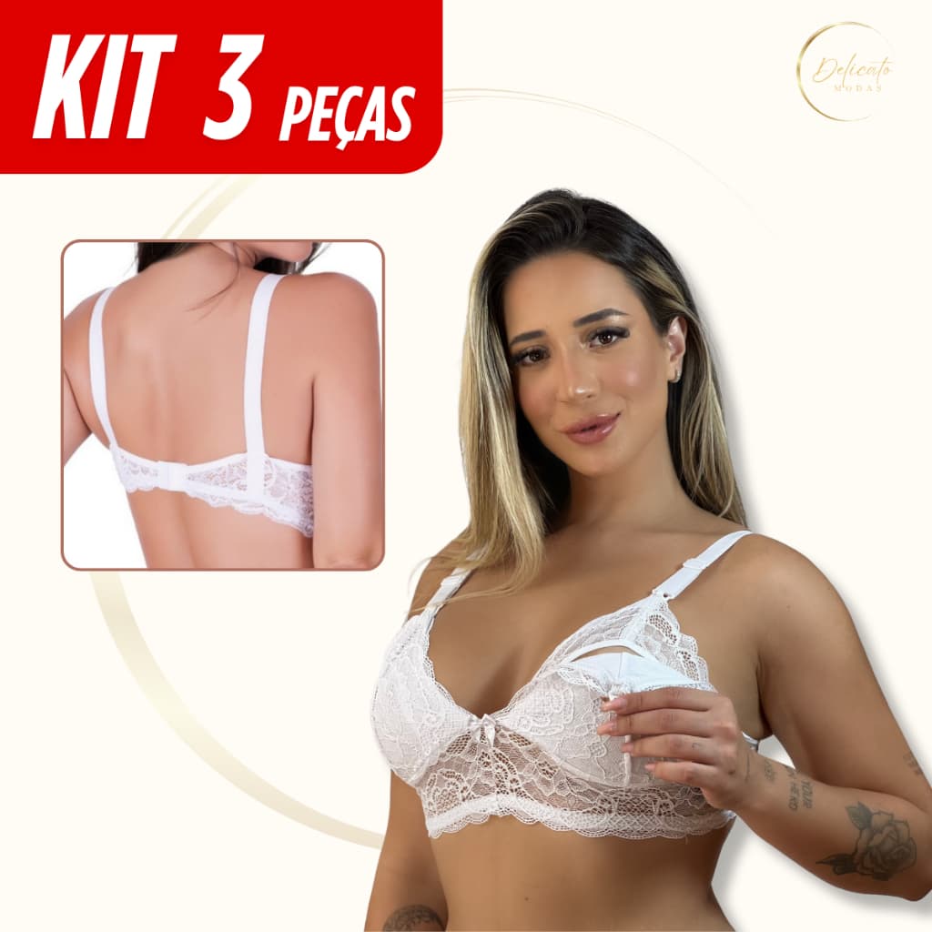 Kit 3 Sutiãs Amamentação Renda Click Fácil | Alça Reforçada Pós-Parto | P/M/G/GG