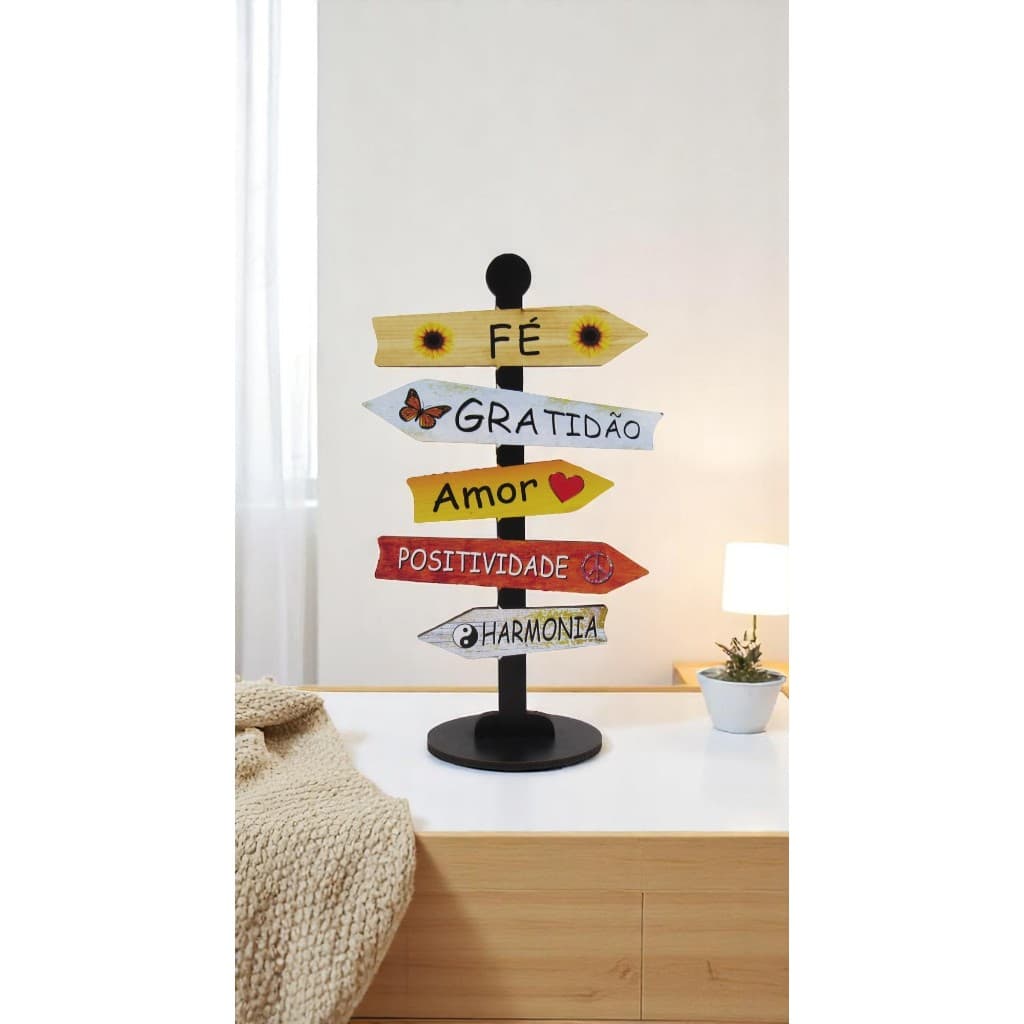 Placa Decorativa de Mesa Seta Direção Fé Gratidão Amor Positividade Harmonia