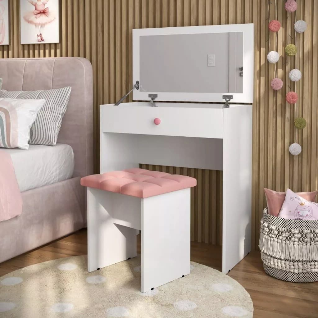 Penteadeira Escrivaninha Mesa Camarim Com Espelho e Gaveta e  Banqueta Rose