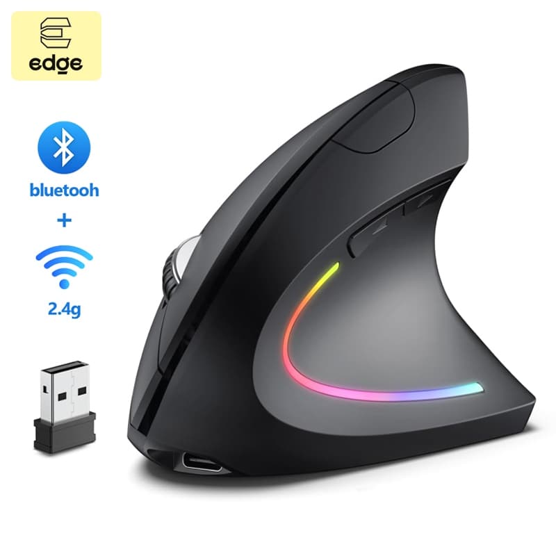 Mouse vertical sem fio, dual mode Bluetooth 2,4 GHz, recarregável, design ergonômico com LED.